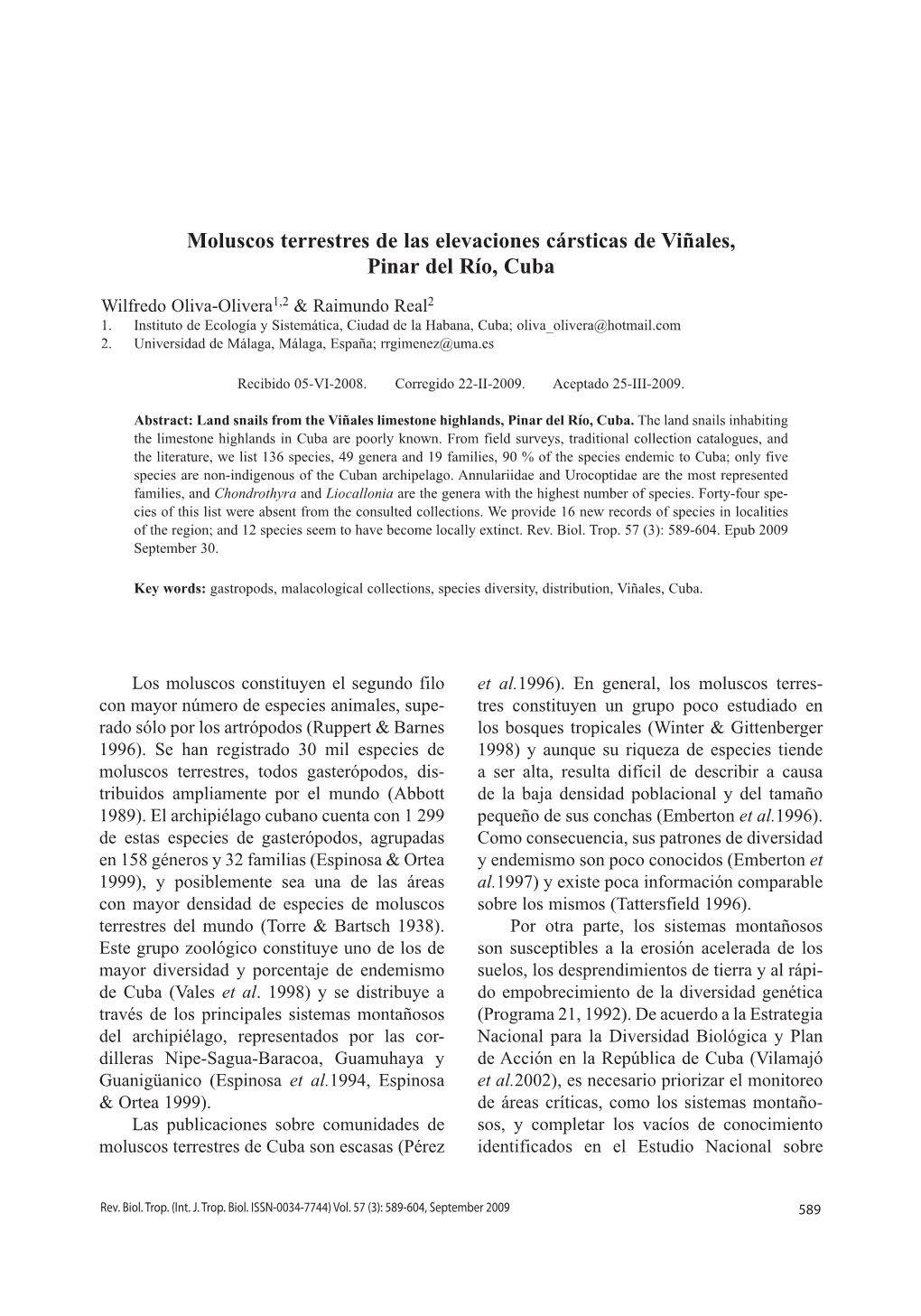 Moluscos Terrestres De Las Elevaciones Cársticas De Viñales, Pinar Del Río, Cuba