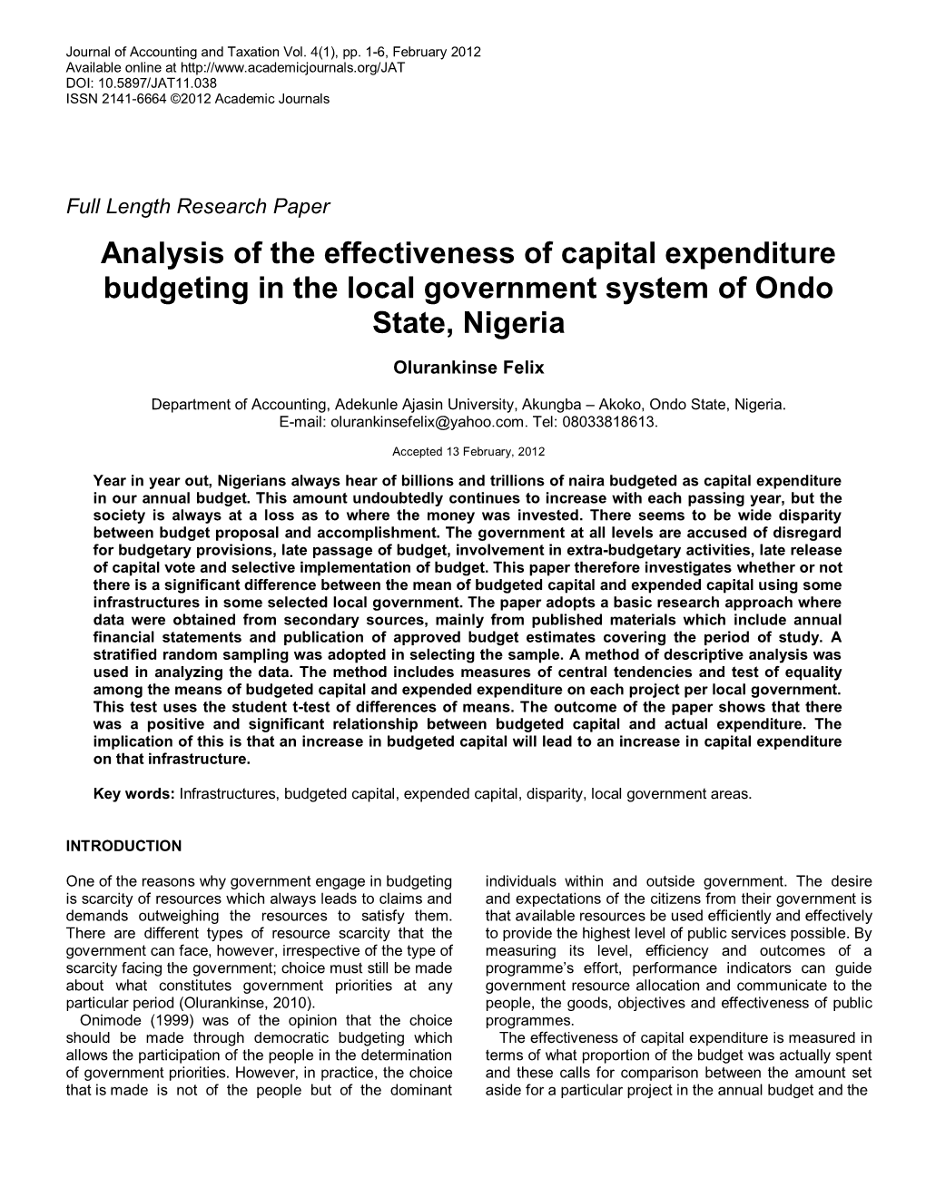 Analysis of the Effectiveness of Capital Expenditure Budgeting in the Local Government System of Ondo State, Nigeria