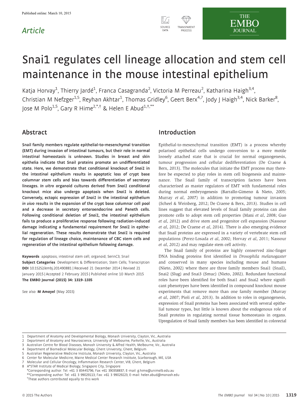 Snai1 Regulates Cell Lineage Allocation and Stem Cell Maintenance in the Mouse Intestinal Epithelium