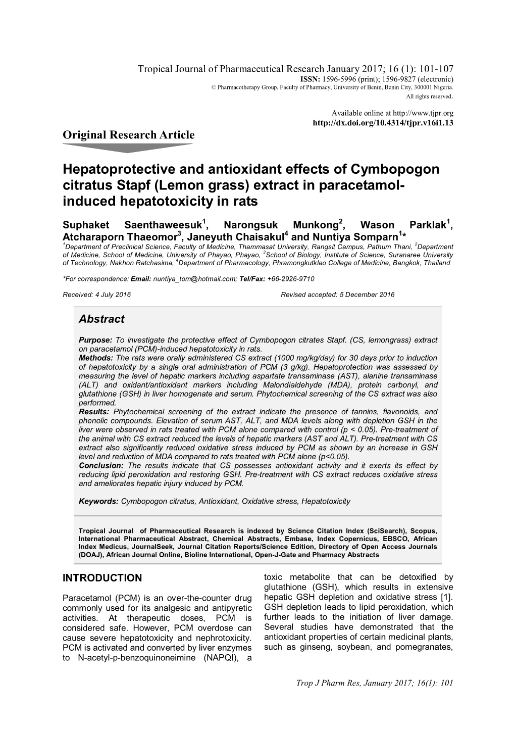 Hepatoprotective and Antioxidant Effects of Cymbopogon Citratus Stapf (Lemon Grass) Extract in Paracetamol- Induced Hepatotoxicity in Rats