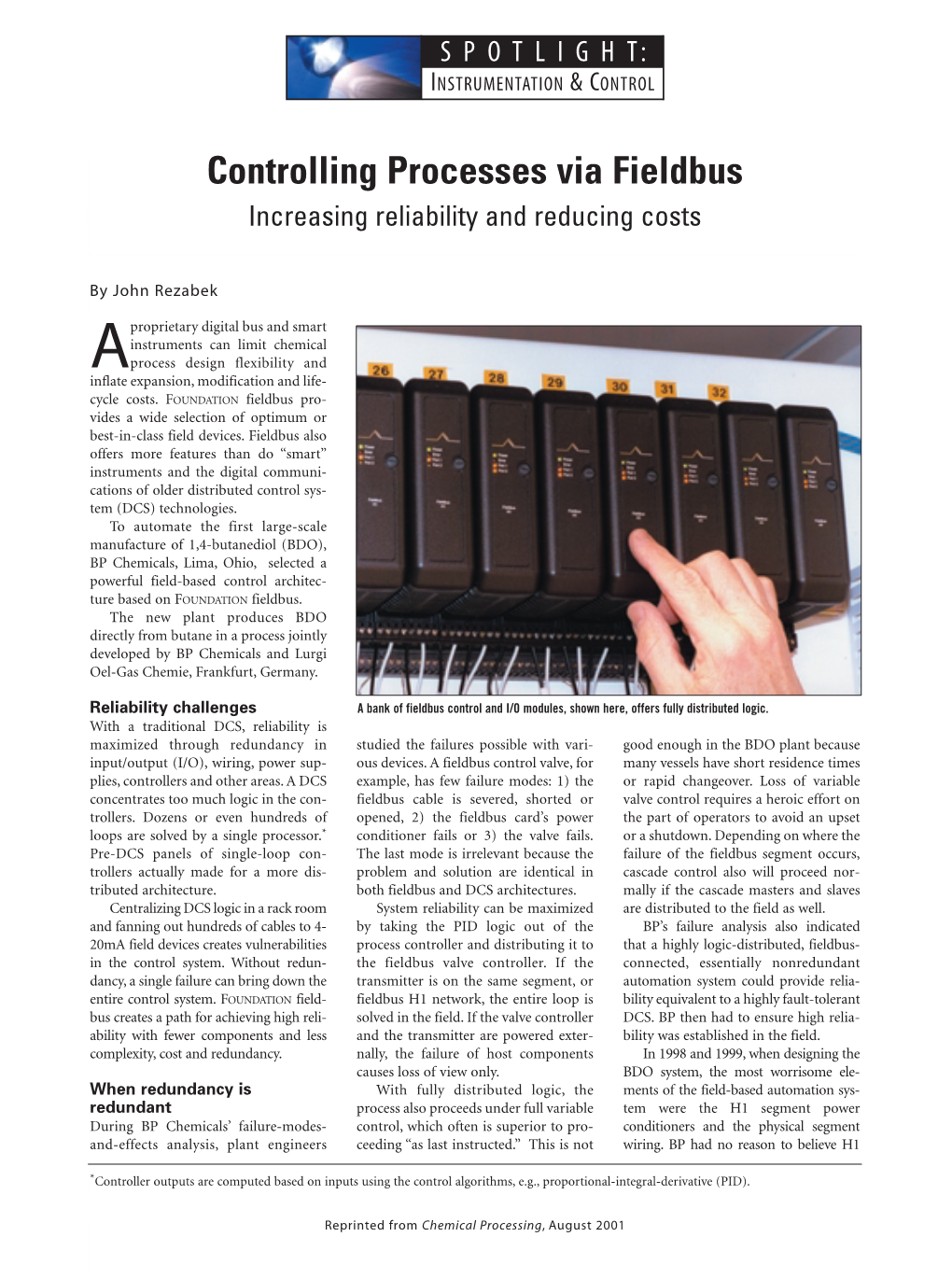 Controlling Processes Via Fieldbus Increasing Reliability and Reducing Costs