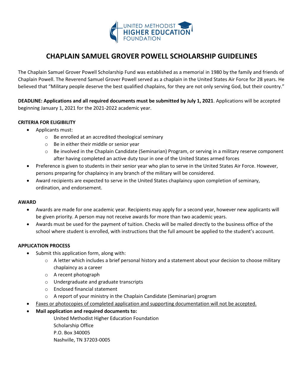 Chaplain Samuel Grover Powell Scholarship Guidelines