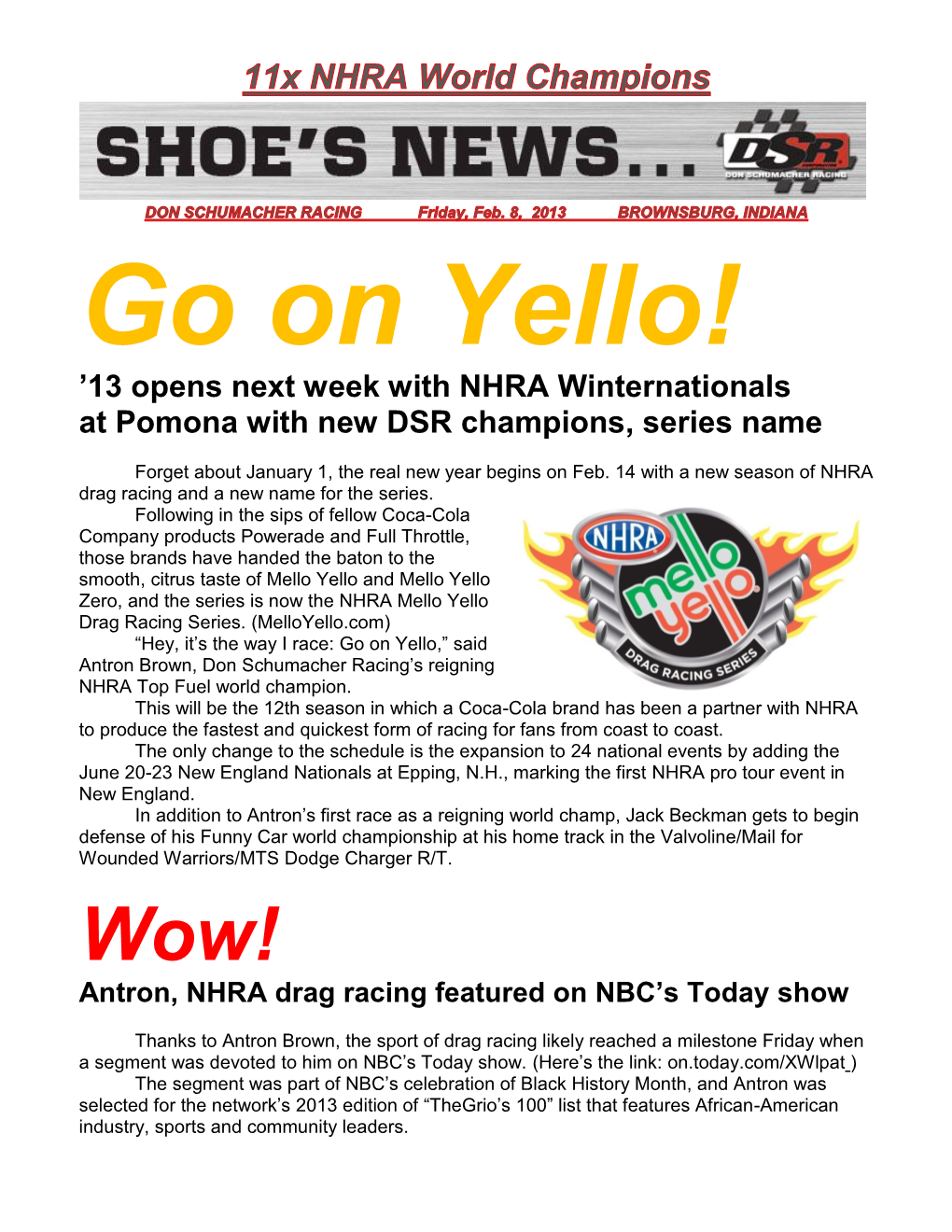 '13 Opens Next Week with NHRA Winternationals at Pomona With