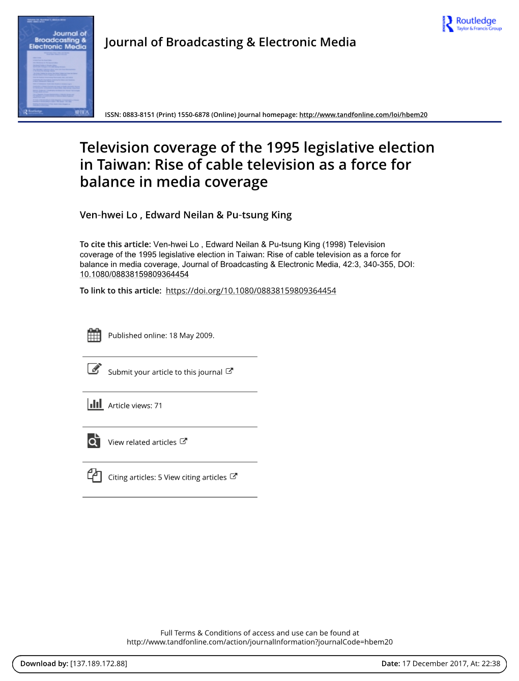 Television Coverage of the 1995 Legislative Election in Taiwan: Rise of Cable Television As a Force for Balance in Media Coverage