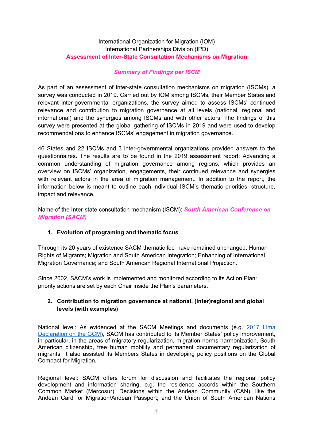 Summary of Findings of the ISCM Assessment for SACM