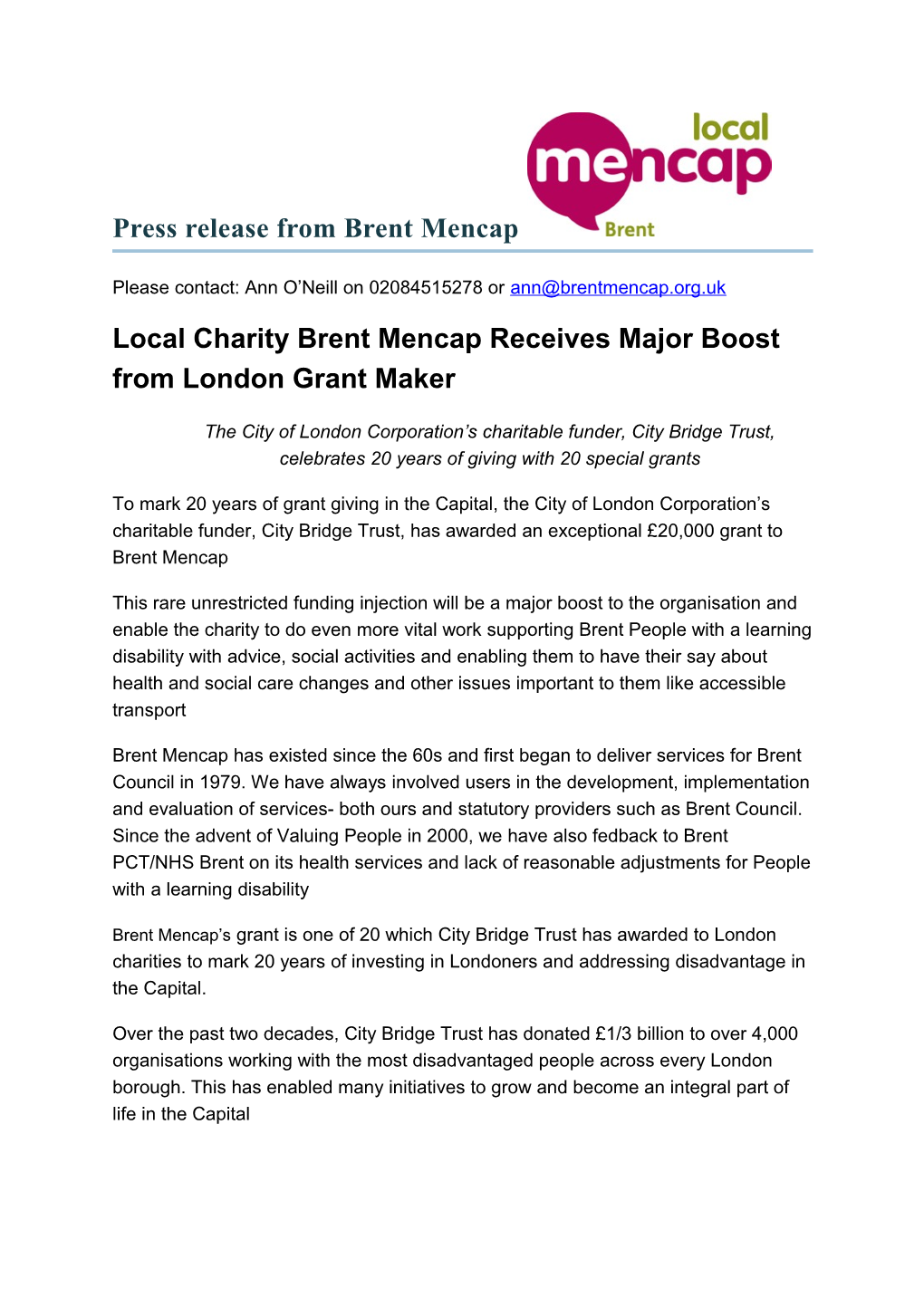 Local Charity Brent Mencap Receives Major Boost from London Grant Maker