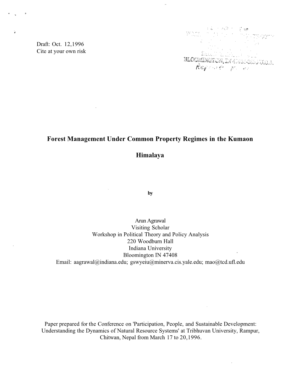 Forest Management Under Common Property Regimes in the Kumaon