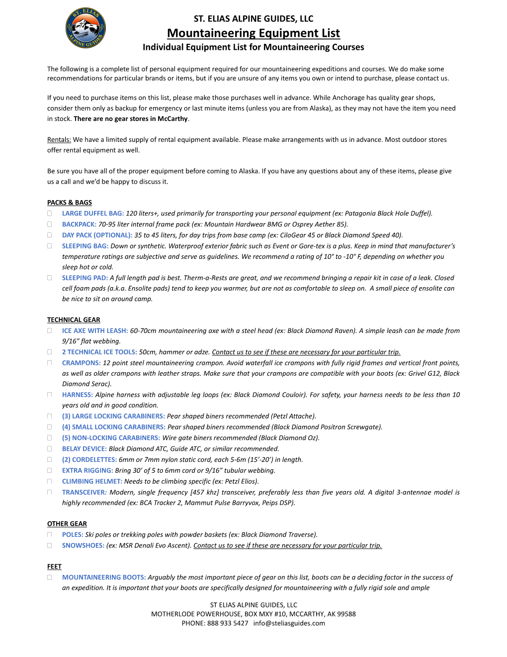 Mountaineering Equipment List Individual Equipment List for Mountaineering Courses