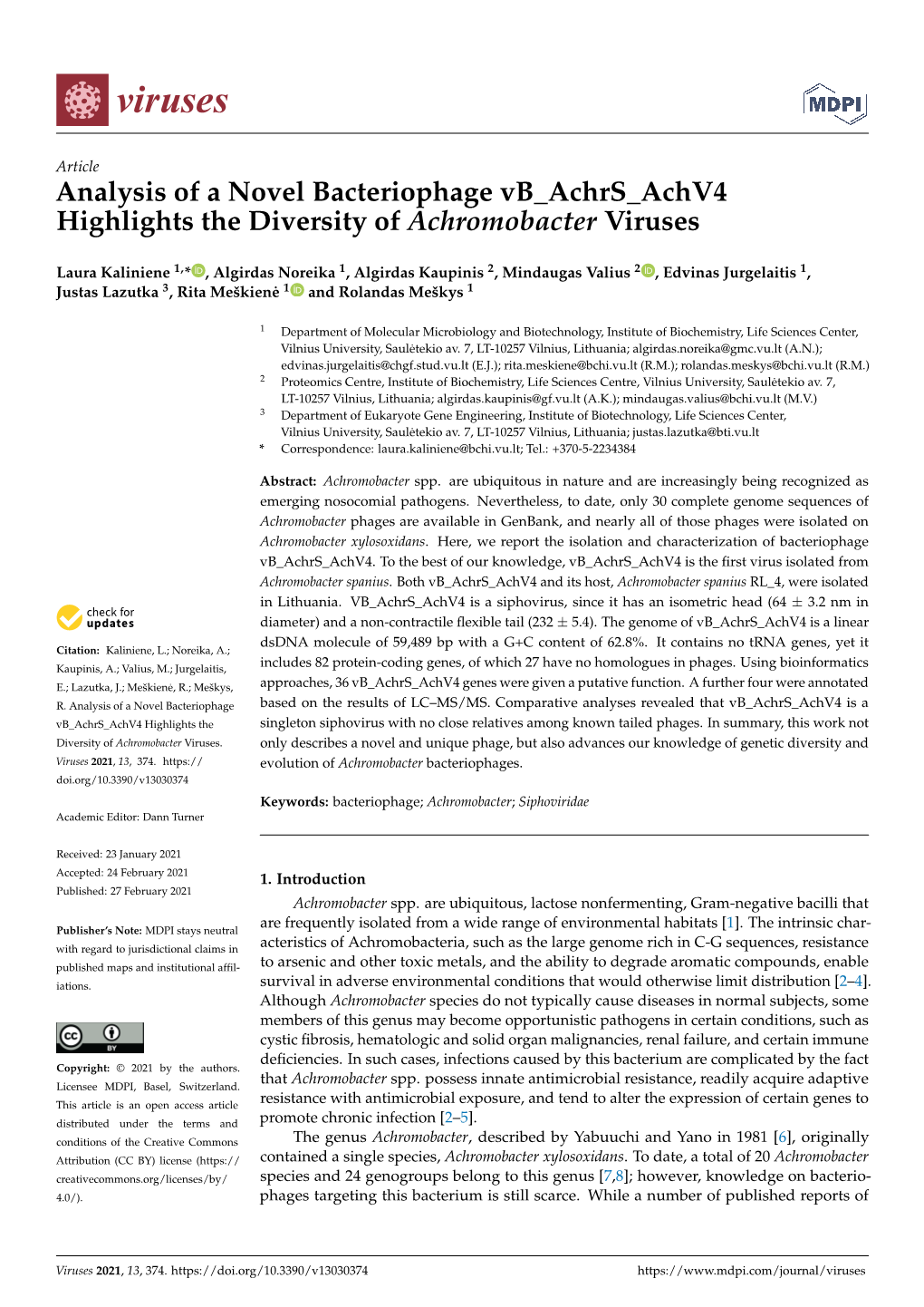 Analysis of a Novel Bacteriophage Vb Achrs Achv4 Highlights the Diversity of Achromobacter Viruses