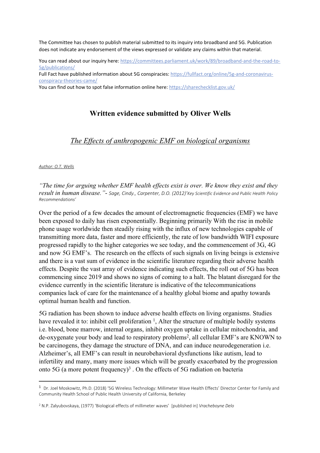 Written Evidence Submitted by Oliver Wells the Effects of Anthropogenic