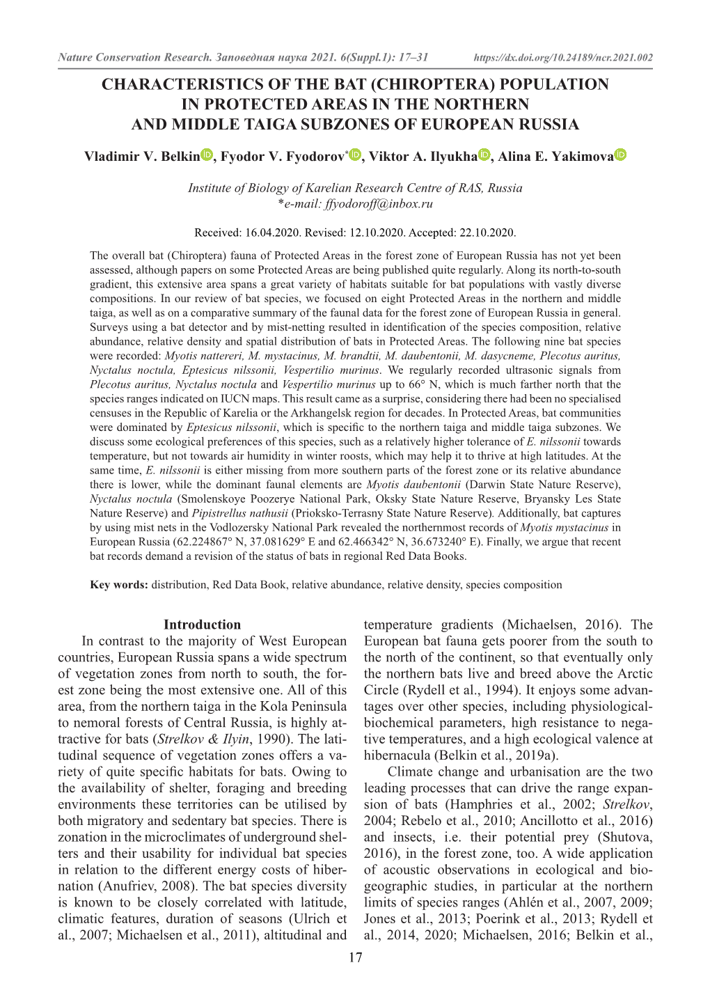 Characteristics of the Bat (Chiroptera) Population in Protected Areas in the Northern and Middle Taiga Subzones of European Russia