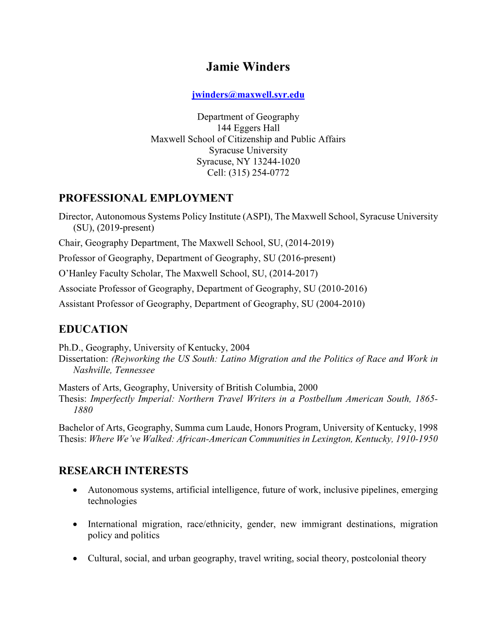 Jamie Winders CV