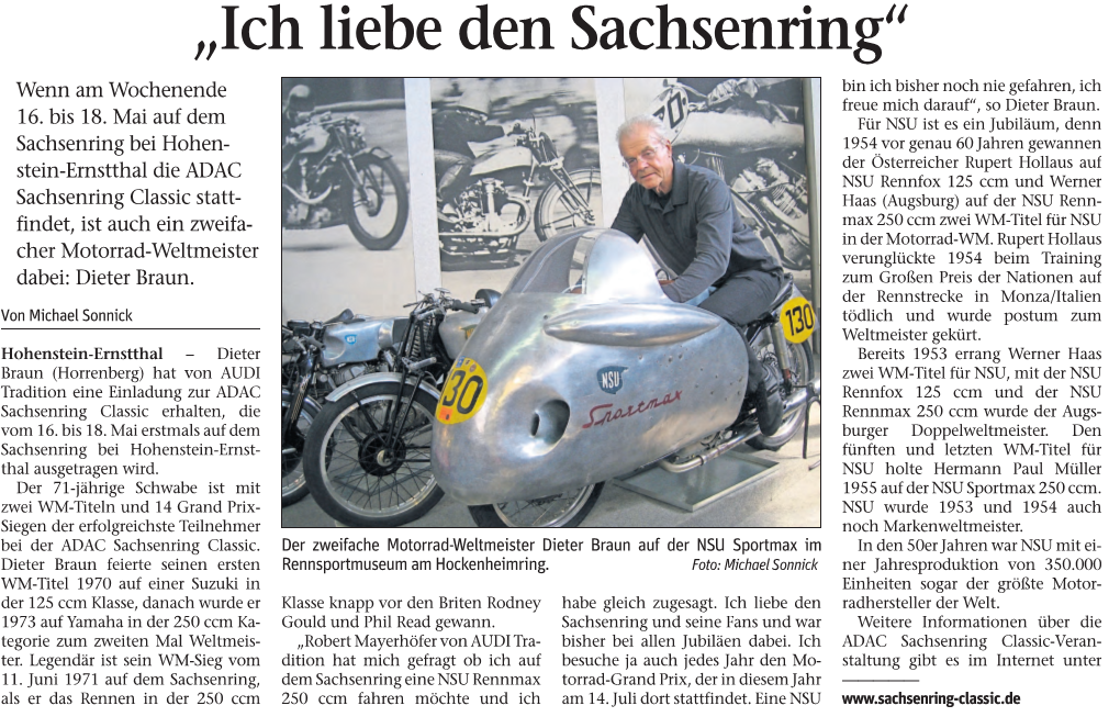 „Ich Liebe Den Sachsenring“ Wenn Am Wochenende Bin Ich Bisher Noch Nie Gefahren, Ich Freue Mich Darauf“, So Dieter Braun