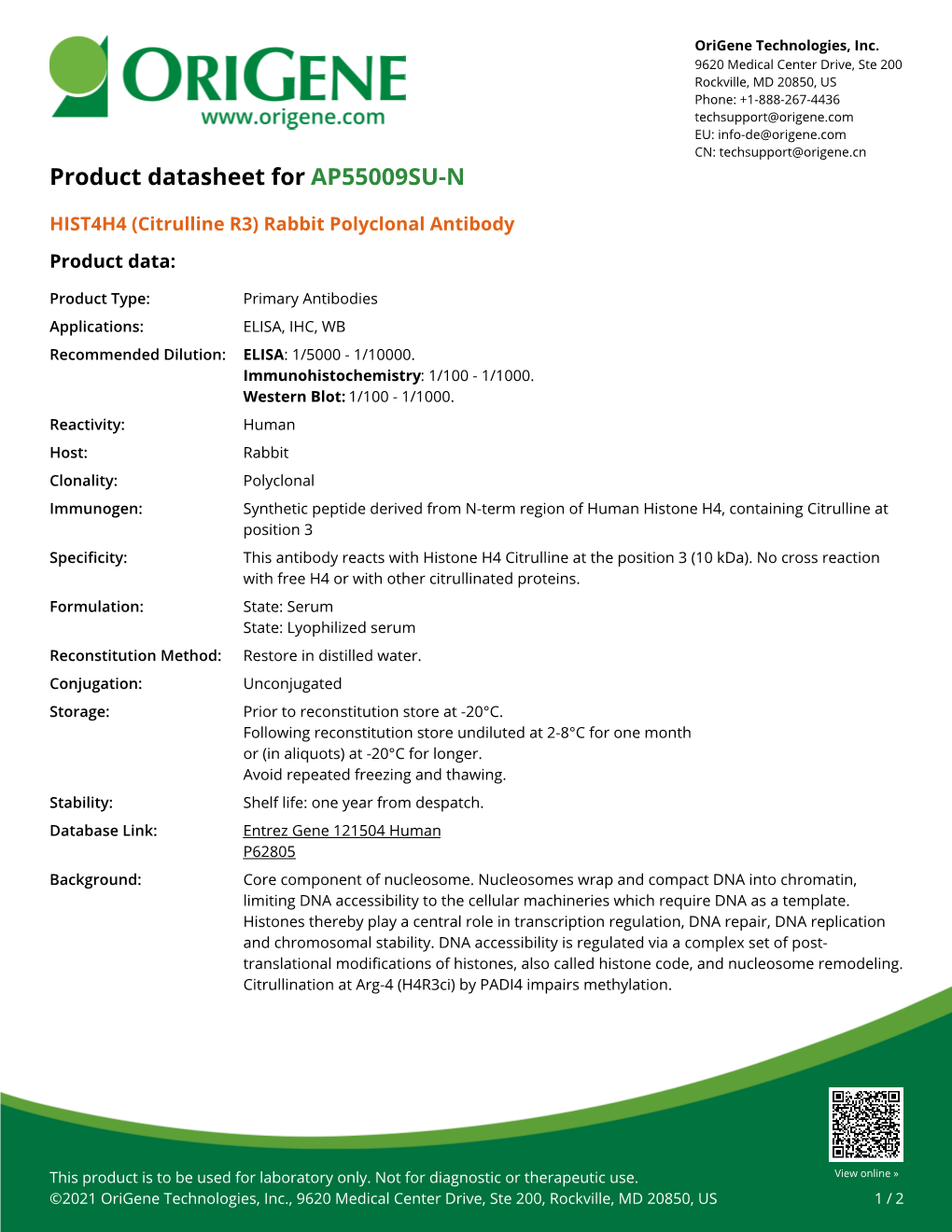 HIST4H4 (Citrulline R3) Rabbit Polyclonal Antibody Product Data