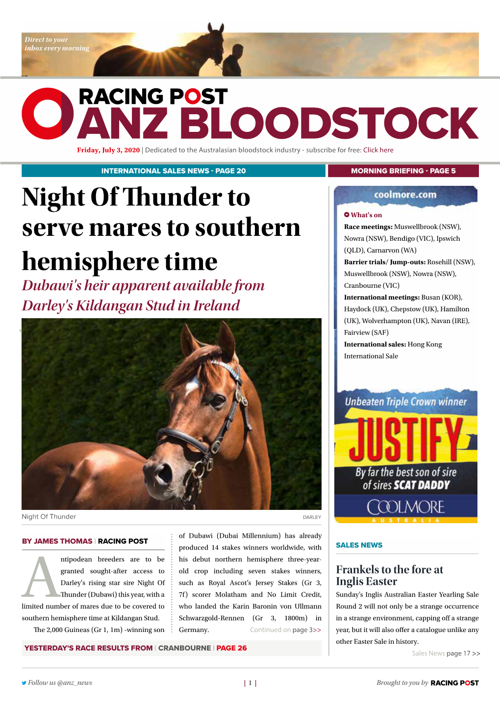 Night of Thunder to Serve Mares to Southern Hemisphere Time | 3 | Friday, July 3, 2020