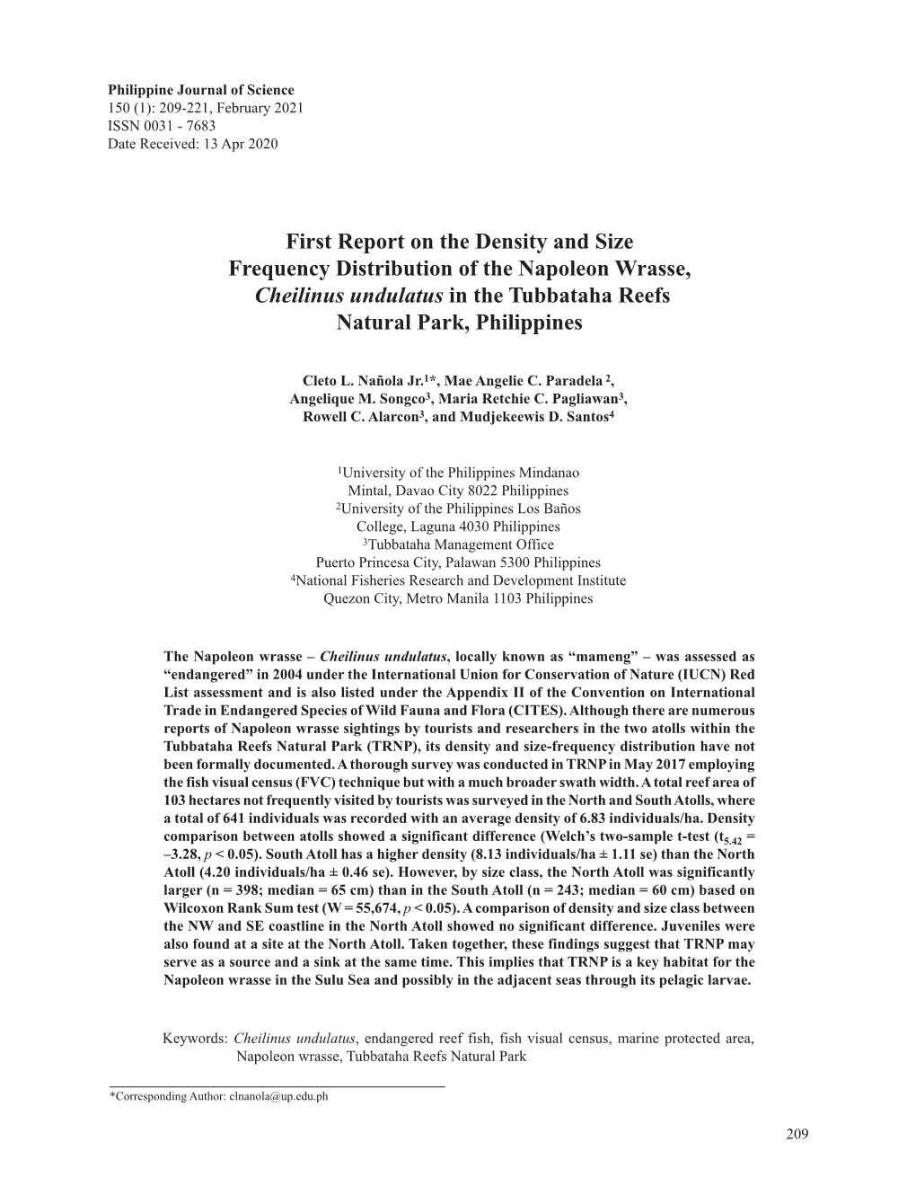 First Report on the Density and Size Frequency Distribution of the Napoleon Wrasse, Cheilinus Undulatus in the Tubbataha Reefs Natural Park, Philippines