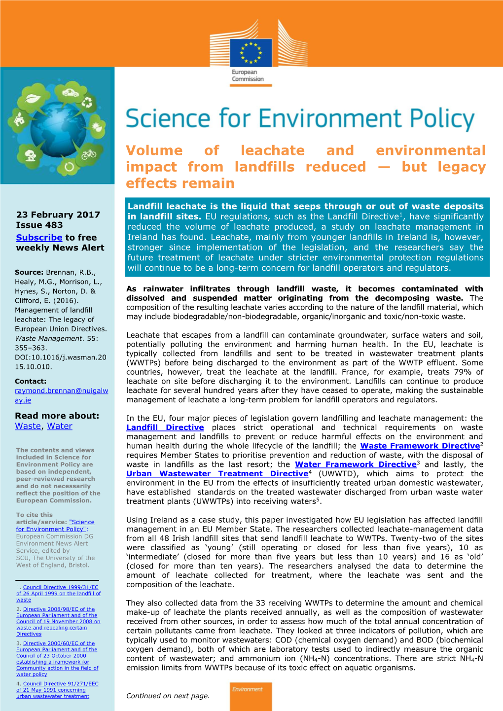 But Legacy Effects Remain Landfill Leachate Is