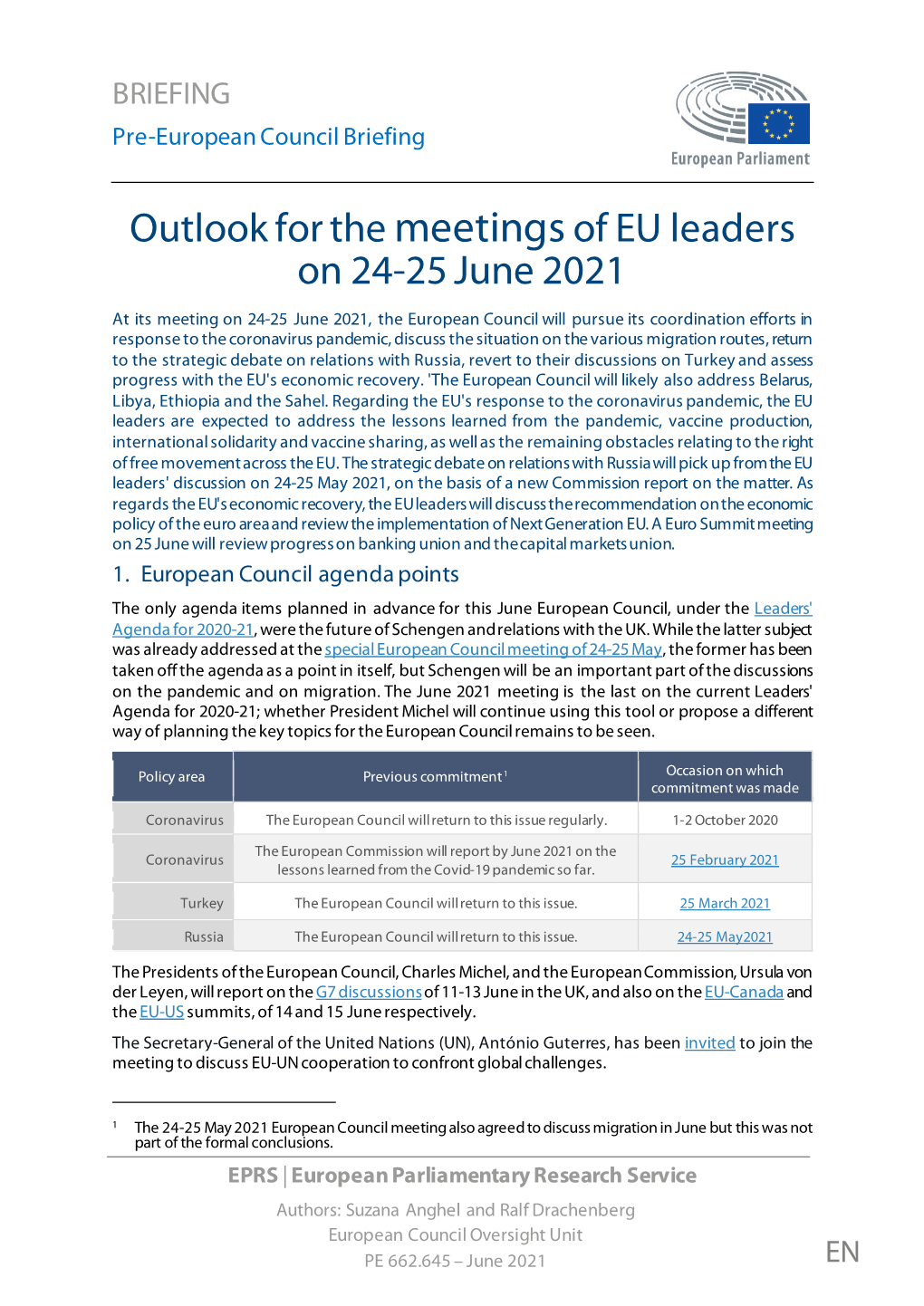 Outlook for the Meetings of EU Leaders on 24-25 June 2021