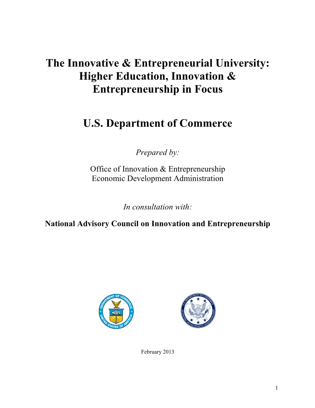 Higher Education, Innovation & Entrepreneurship in Focus US Department Of