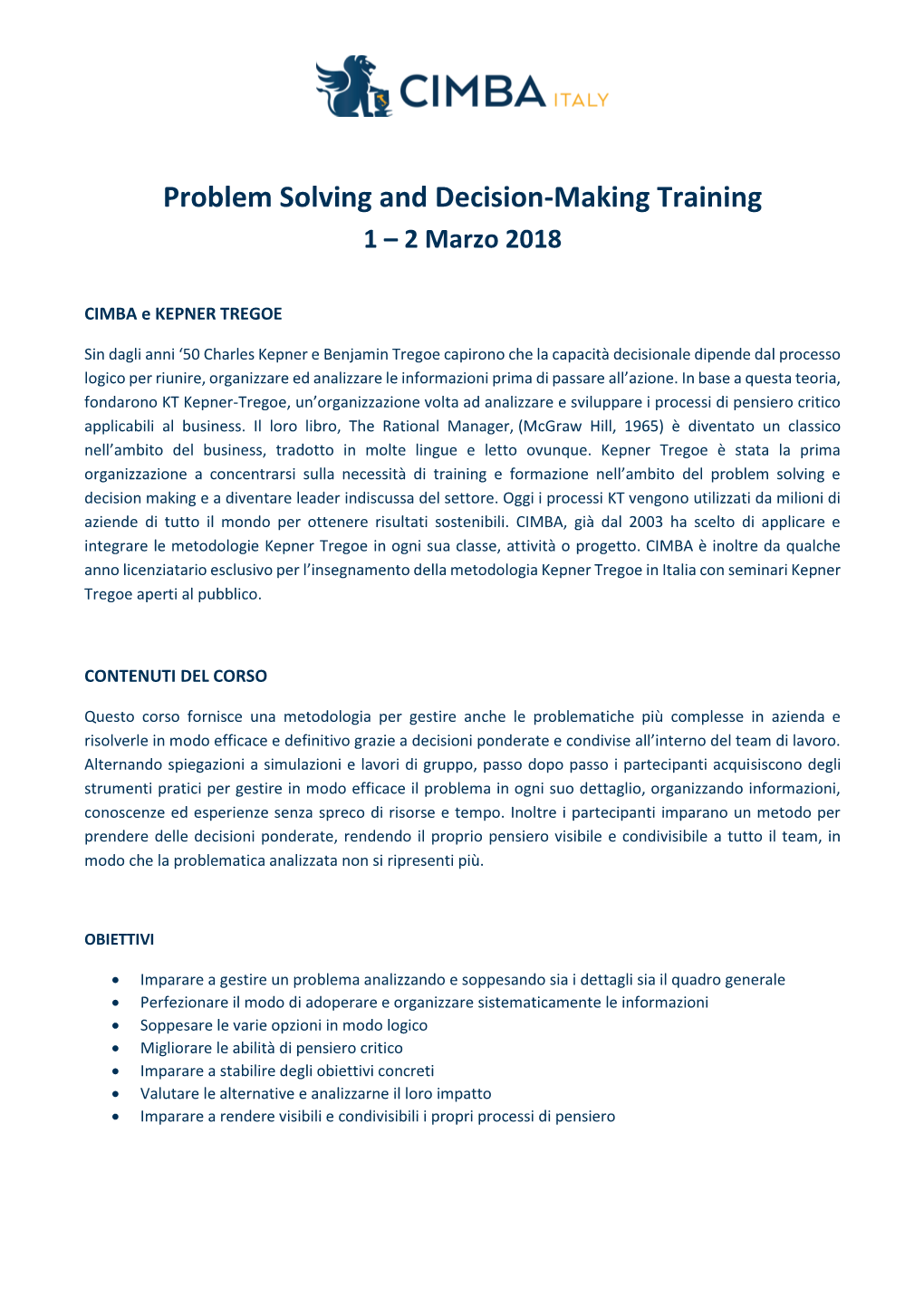 Problem Solving and Decision-Making Training 1 – 2 Marzo 2018