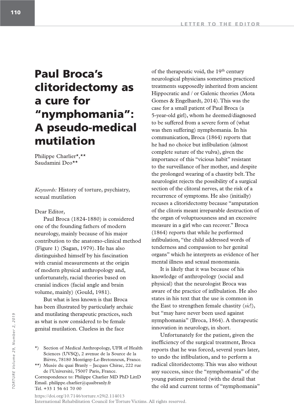 Paul Broca's Clitoridectomy As a Cure for “Nymphomania”