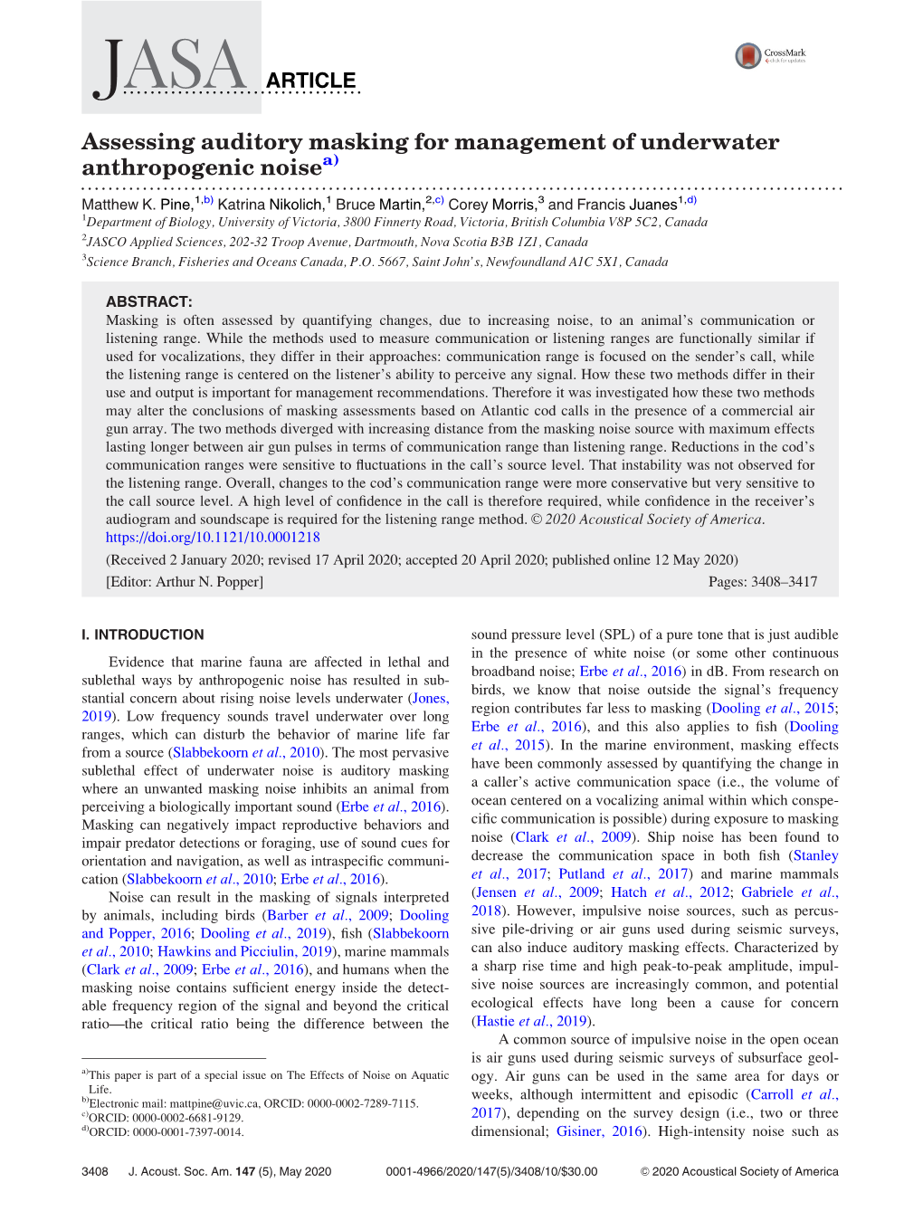 Assessing Auditory Masking for Management of Underwater Anthropogenic Noisea)