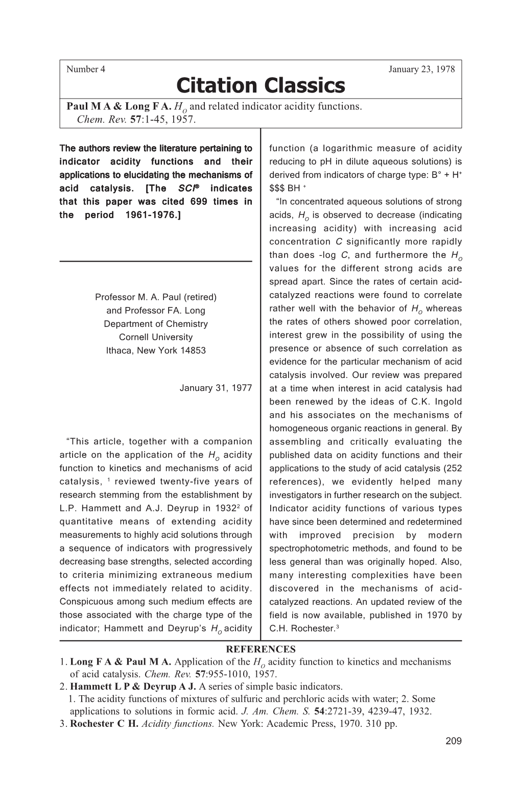 Paul M a & Long F A. HO and Related Indicator Acidity Functions. Chem. Rev. 57:1-45, 1957