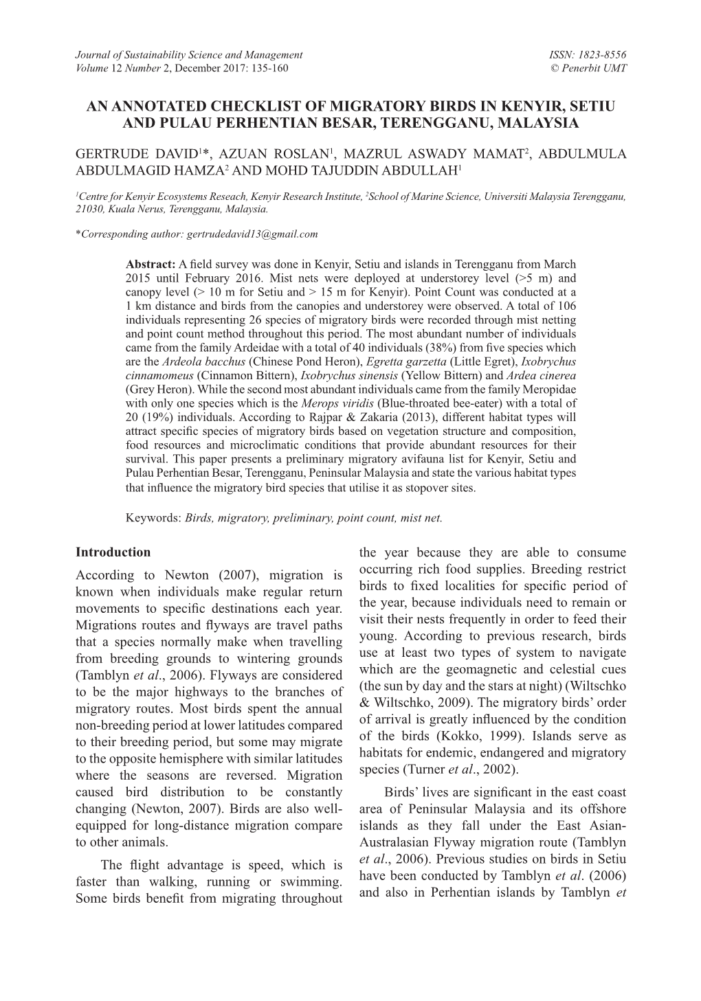 An Annotated Checklist of Migratory Birds in Kenyir, Setiu and Pulau Perhentian Besar, Terengganu, Malaysia