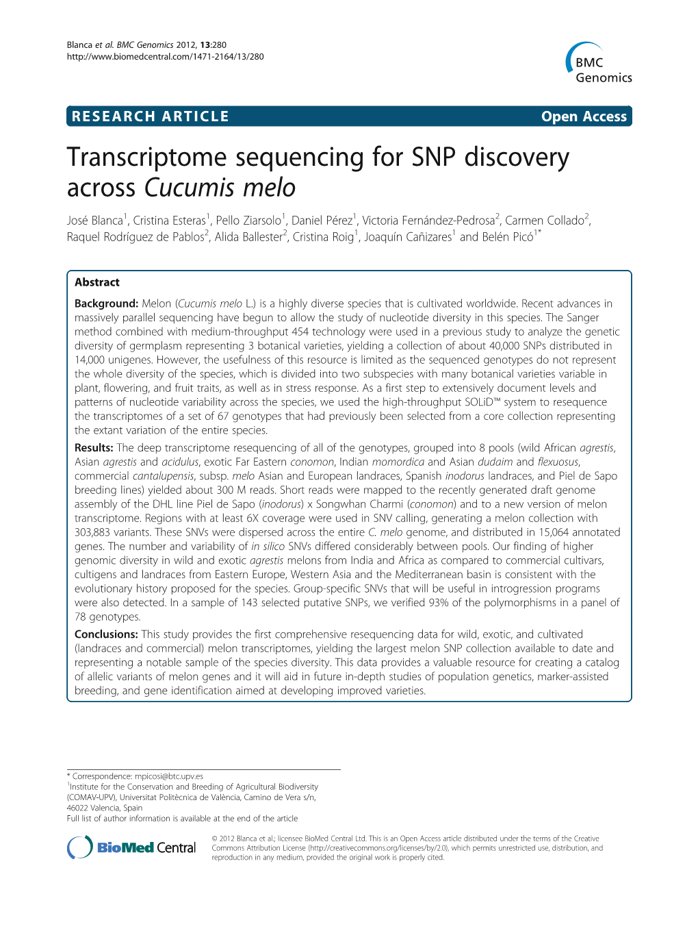 Transcriptome Sequencing for SNP Discovery Across Cucumis Melo