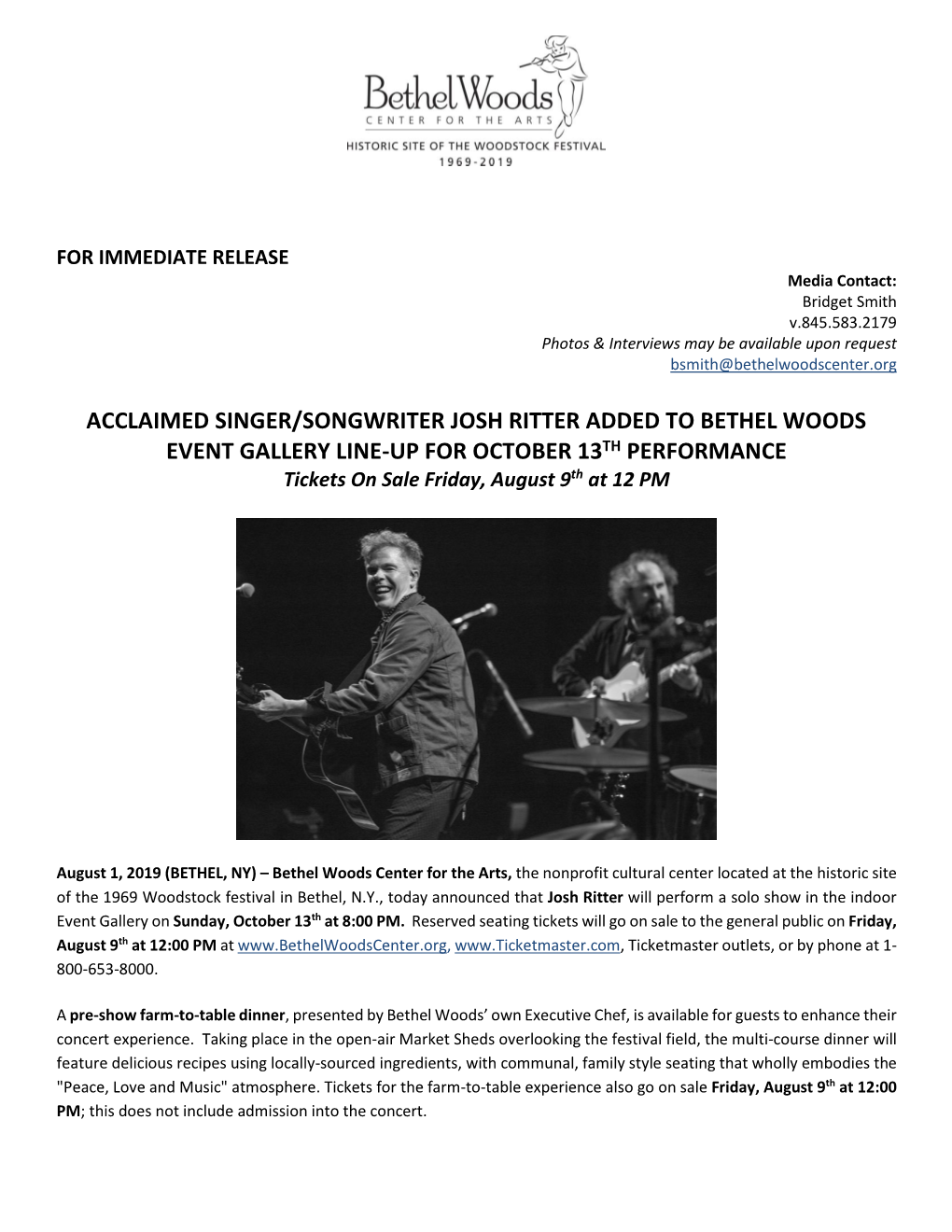 JOSH RITTER ADDED to BETHEL WOODS EVENT GALLERY LINE-UP for OCTOBER 13TH PERFORMANCE Tickets on Sale Friday, August 9Th at 12 PM