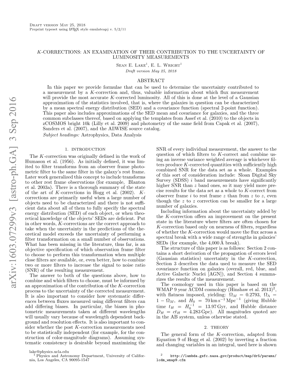 Arxiv:1603.07299V3 [Astro-Ph.GA] 3 Sep 2016 an Approximation of the Contribution of the K-Correction 2 Process to the Uncertainty of the Corrected Measurement