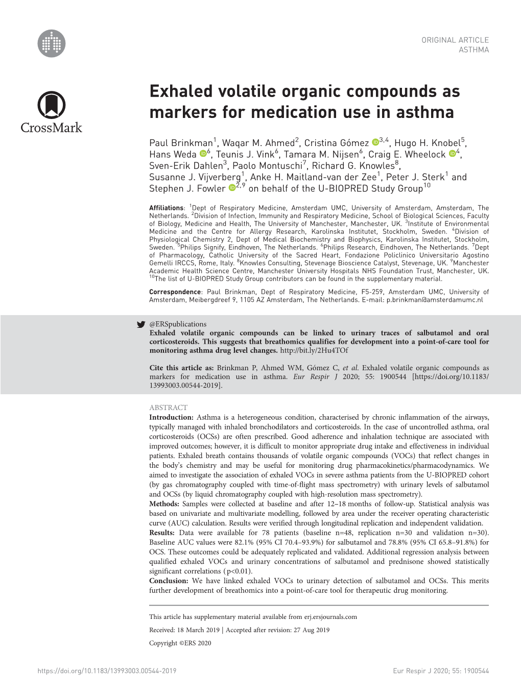Exhaled Volatile Organic Compounds As Markers for Medication Use in Asthma