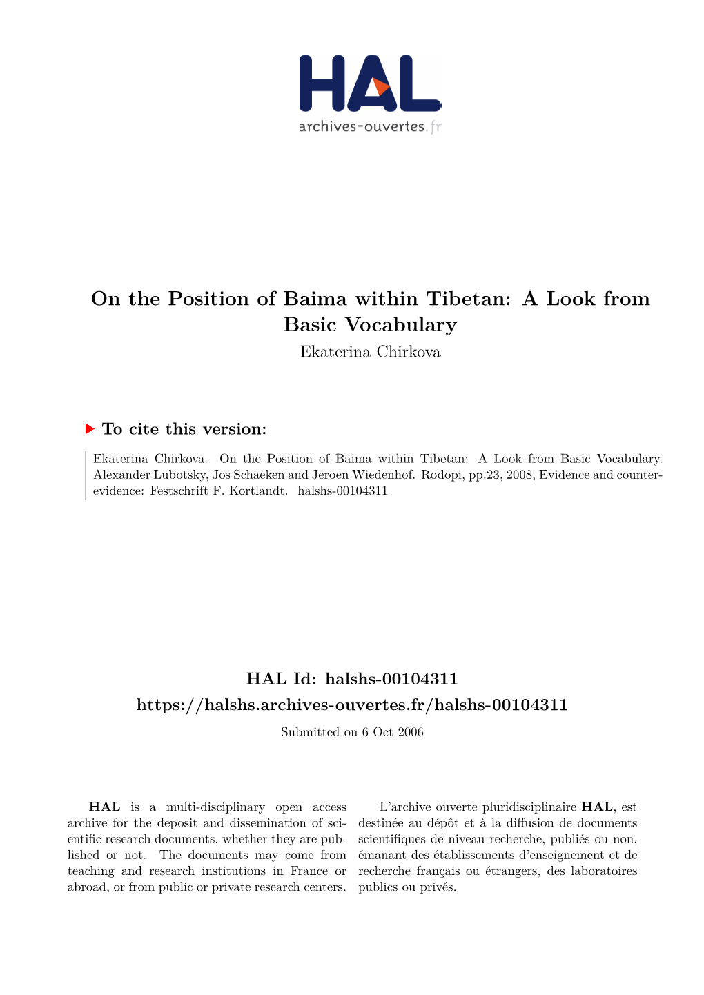On the Position of Baima Within Tibetan: a Look from Basic Vocabulary Ekaterina Chirkova