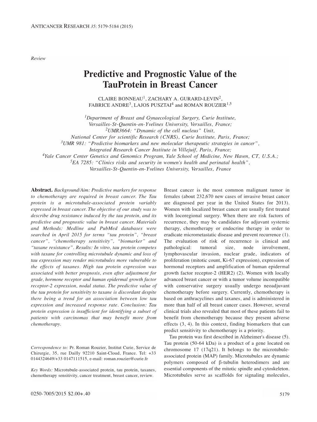 Predictive and Prognostic Value of the Tauprotein in Breast Cancer
