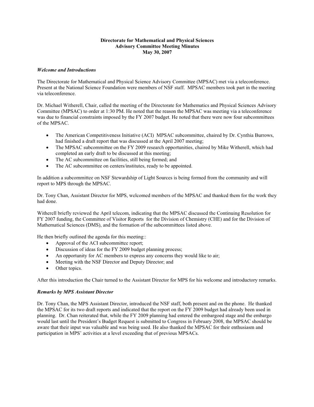 Directorate for Mathematical and Physical Sciences Advisory Committee Meeting Minutes May 30, 2007