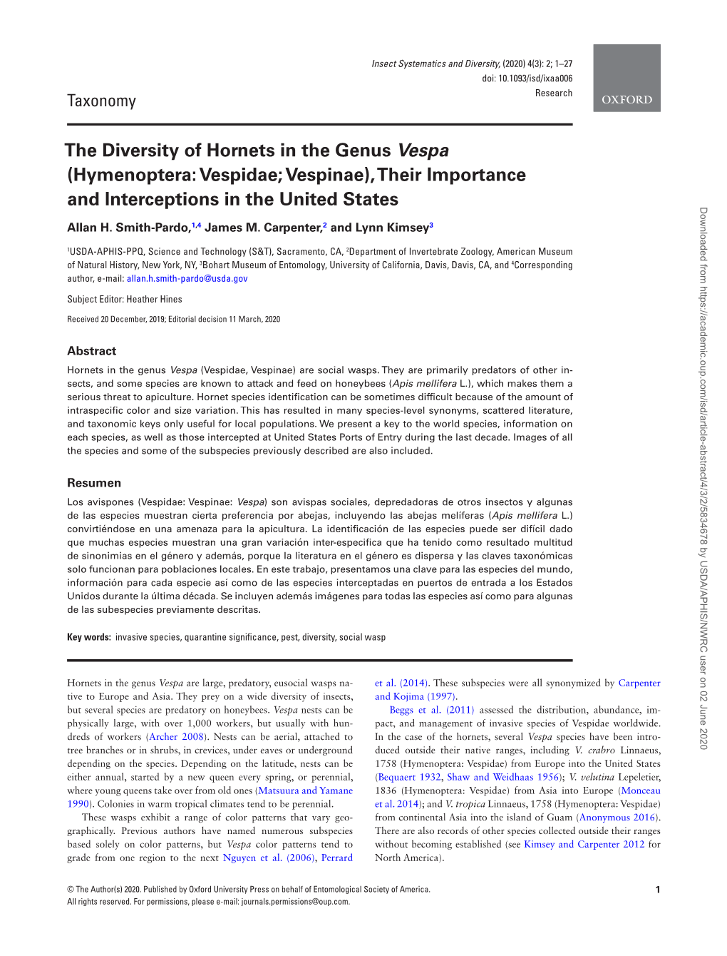 The Diversity of Hornets in the Genus Vespa (Hymenoptera: Vespidae; Vespinae), Their Importance