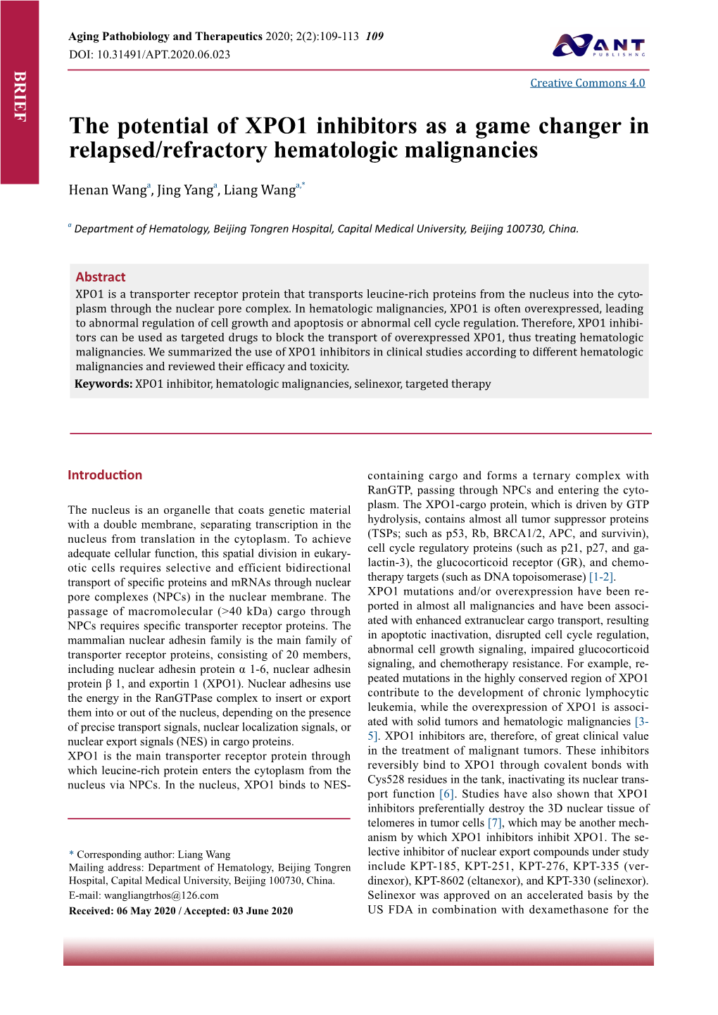 The Potential of XPO1 Inhibitors As a Game Changer in Relapsed/Refractory Hematologic Malignancies