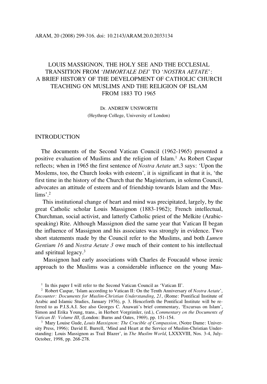 Nostra Aetate’: a Brief History of the Development of Catholic Church Teaching on Muslims and the Religion of Islam from 1883 to 1965