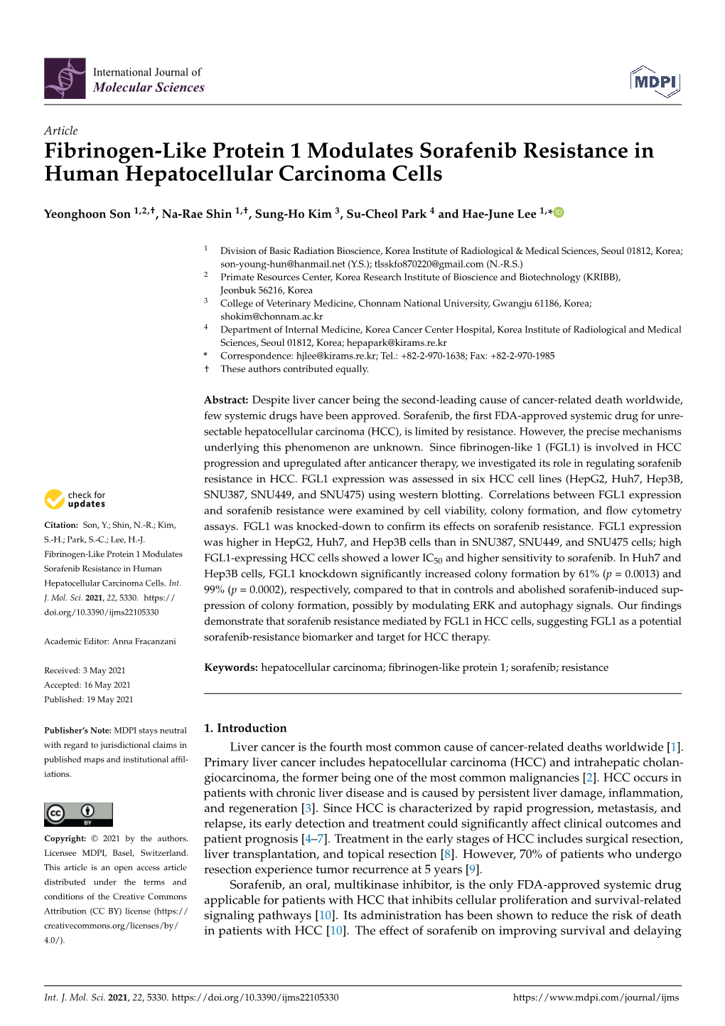 Fibrinogen-Like Protein 1 Modulates Sorafenib Resistance in Human Hepatocellular Carcinoma Cells