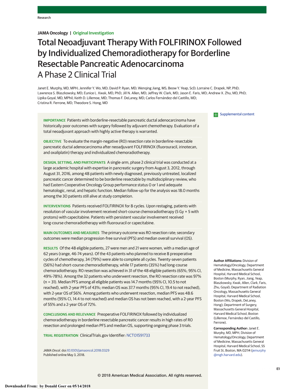 Total Neoadjuvant Therapy with FOLFIRINOX Followed by Individualized Chemoradiotherapy for Borderline Resectable Pancreatic Adenocarcinoma a Phase 2 Clinical Trial