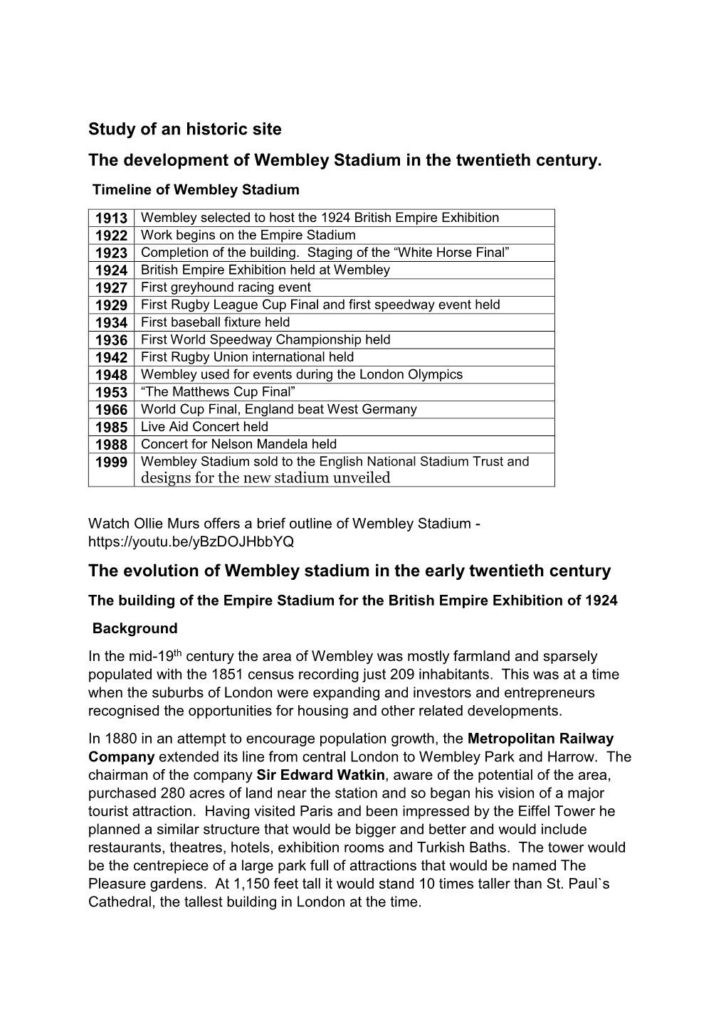 Study of an Historic Site the Development of Wembley Stadium in the Twentieth Century