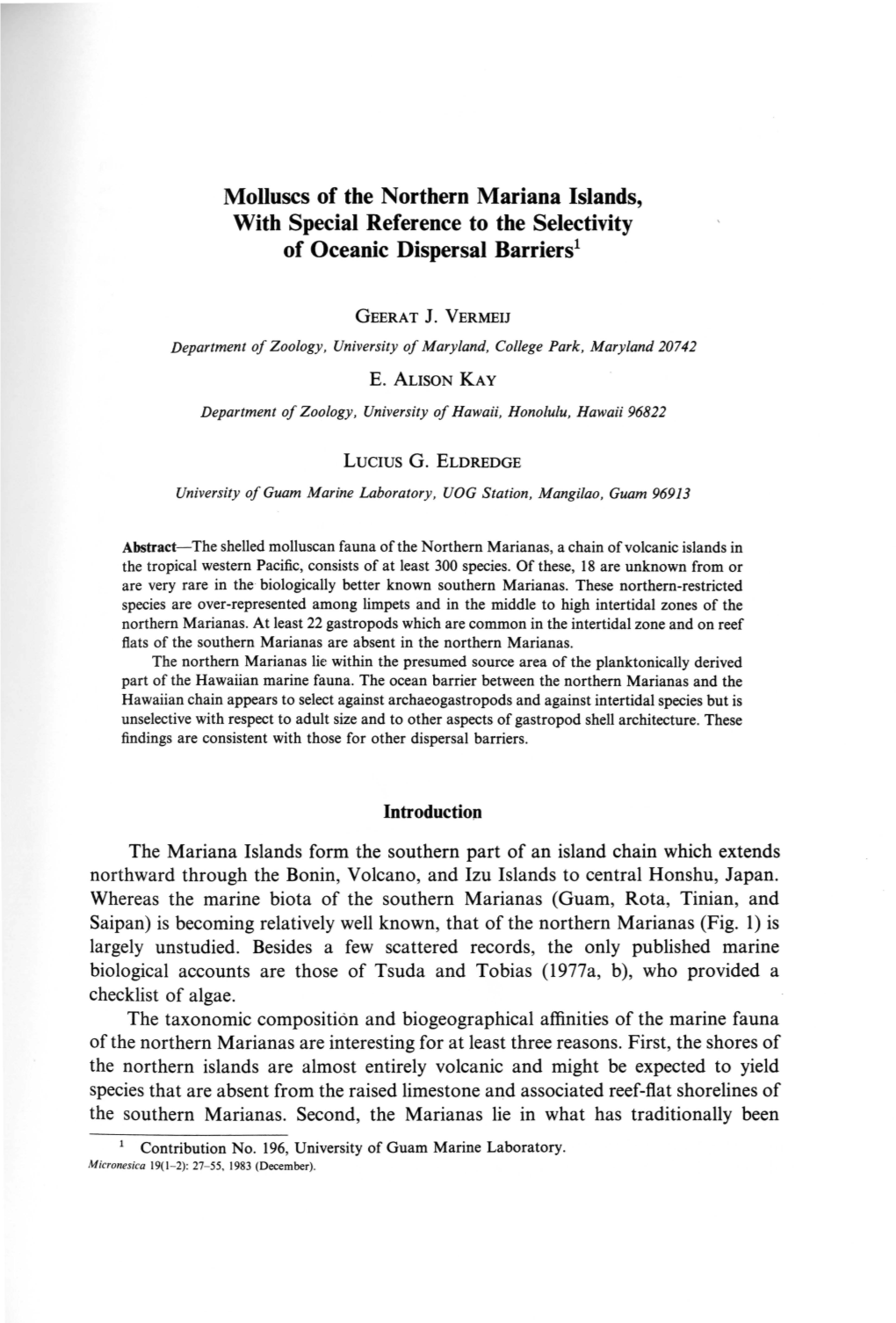 Molluscs of the Northern Mariana Islands, with Special Reference to the Selectivity of Oceanic Dispersal Barriers1