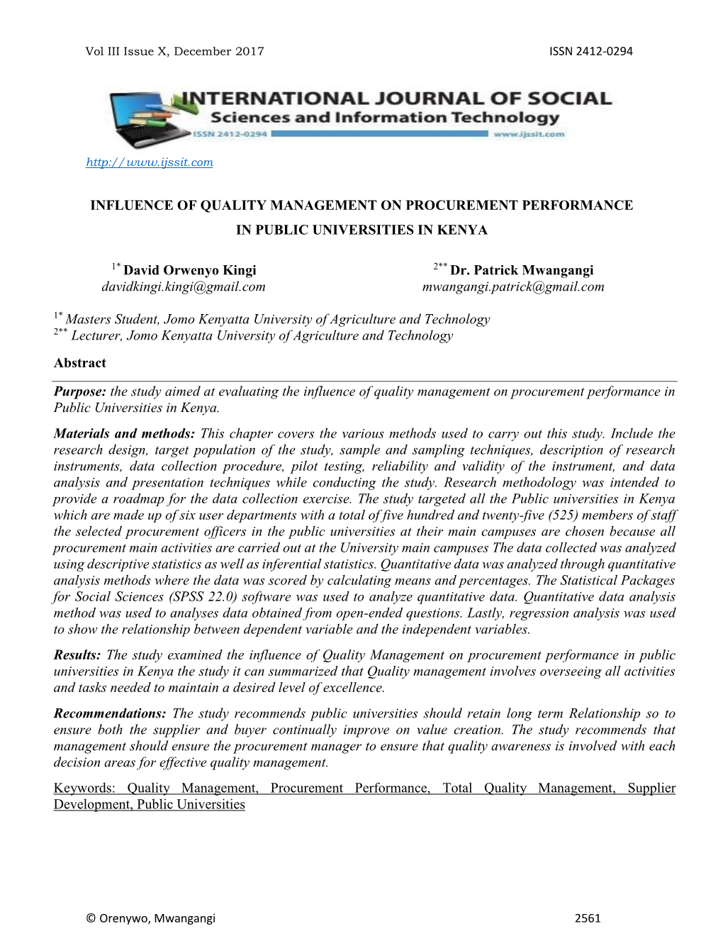 Influence of Quality Management on Procurement Performance in Public Universities in Kenya