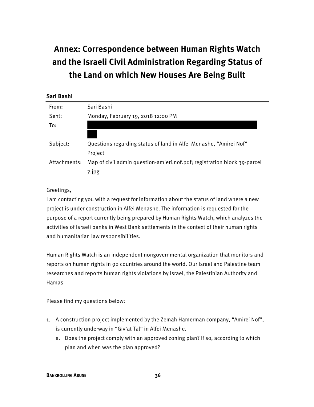 Annex: Correspondence Between Human Rights Watch and the Israeli Civil Administration Regarding Status of the Land on Which New Houses Are Being Built