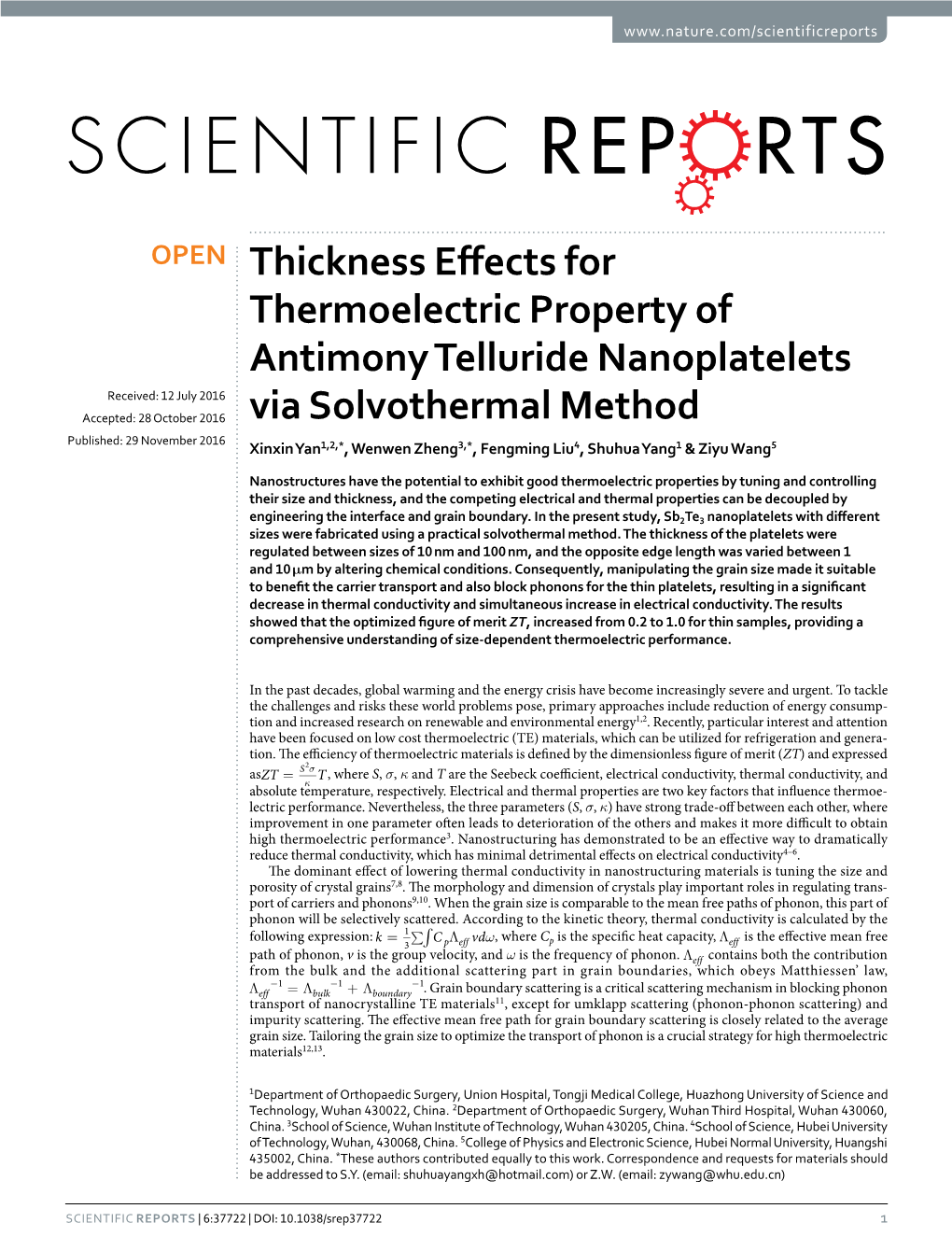 Thickness Effects for Thermoelectric Property of Antimony Telluride Nanoplatelets Via Solvothermal Method