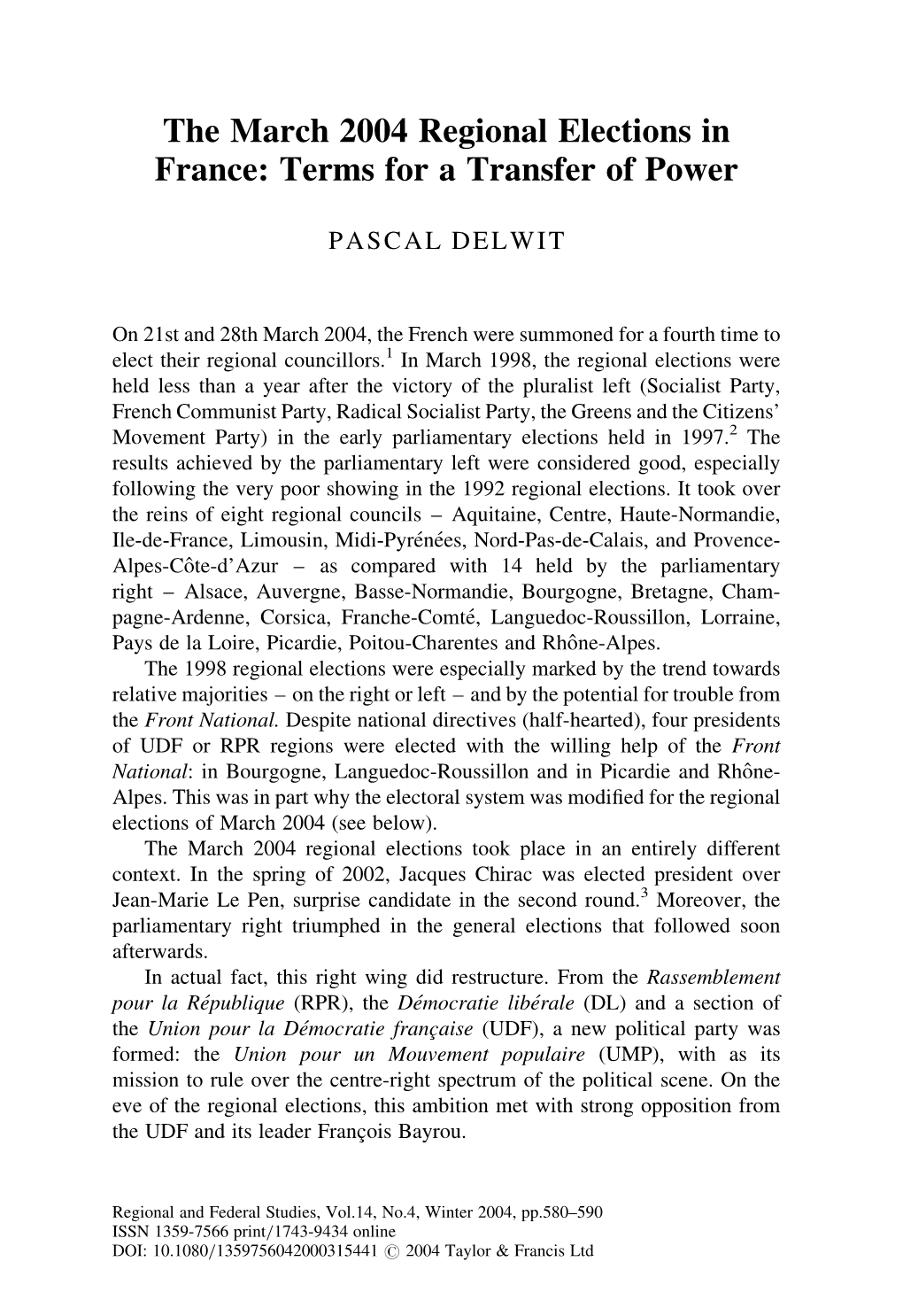 The March 2004 Regional Elections in France: Terms for a Transfer of Power