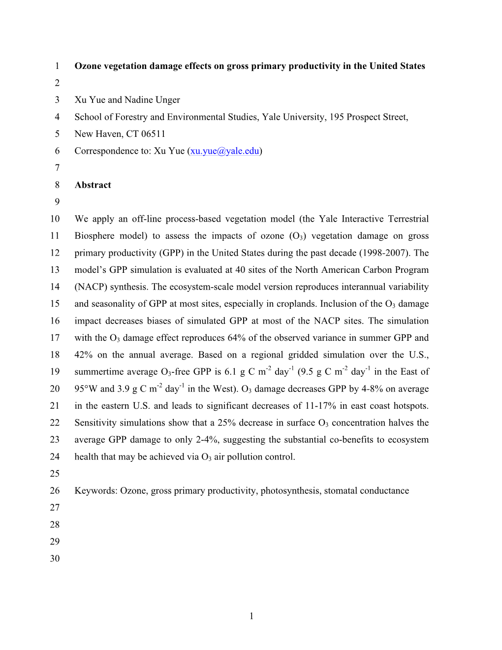 1 Ozone Vegetation Damage Effects on Gross Primary Productivity in The