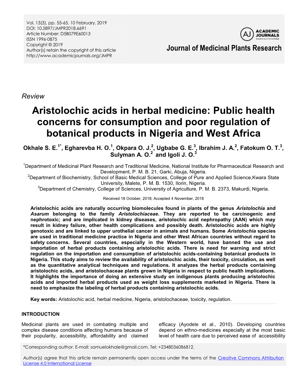 Aristolochic Acids in Herbal Medicine: Public Health Concerns for Consumption and Poor Regulation of Botanical Products in Nigeria and West Africa