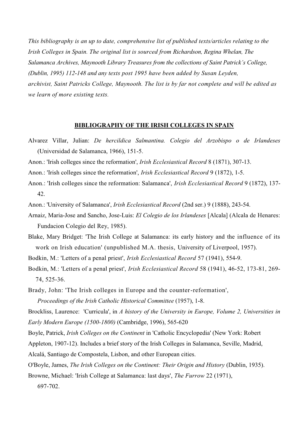 Bibliography Irish Colleges in Spain