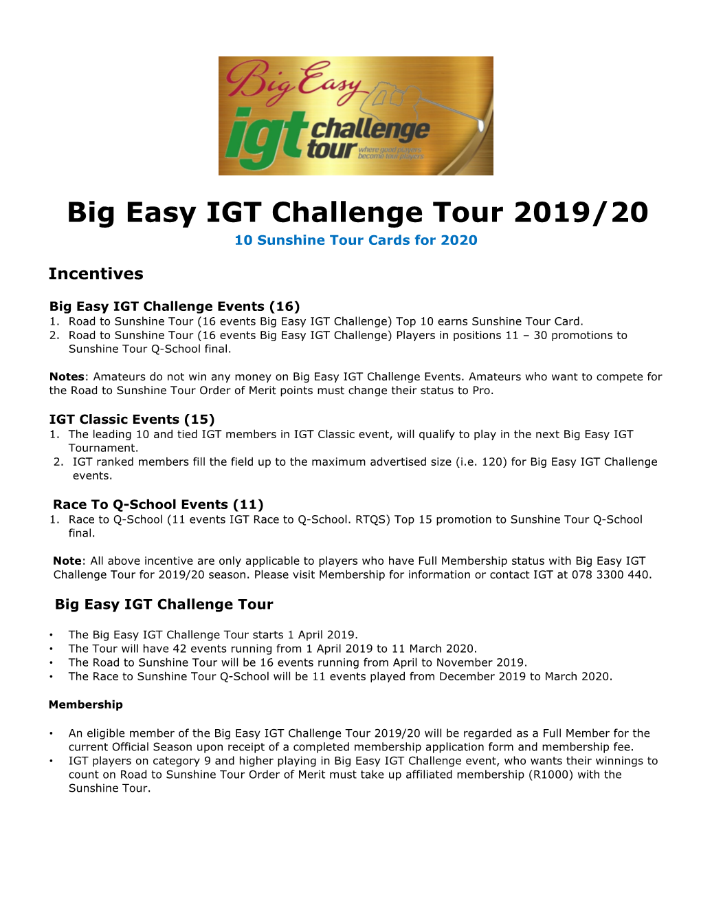 Big Easy IGT Challenge Tour 2019/20 10 Sunshine Tour Cards for 2020